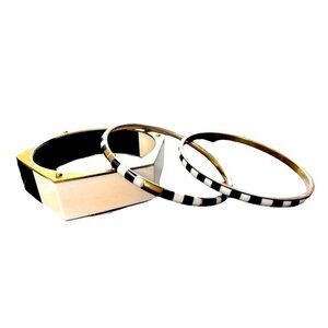 Set Of 3 Black & White Bangles With Hexagonal Brass Accent Bracelet